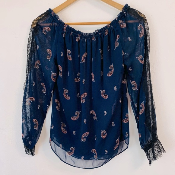 WHITE HOUSE BLACK MARKET Paisley Print Lace Trim Blouse Size XXS - Picture 1 of 7